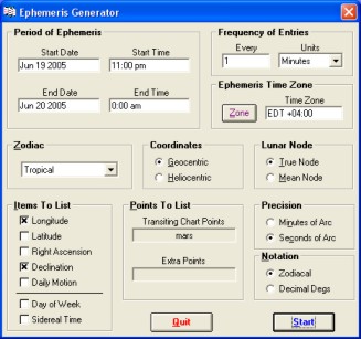 Generate Ephemerides from Solar Fire
